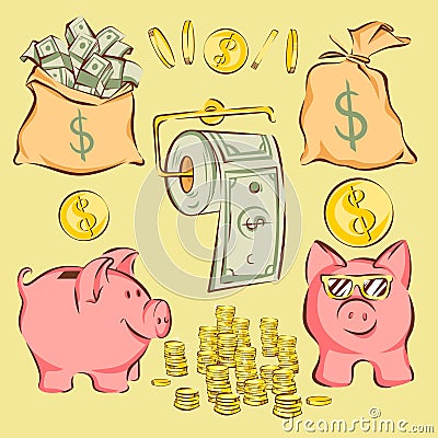 Vector set of finance items and metaphors in comic cartoon style: money bags, piggy bank, coins, dollar toilet paper Vector Illustration