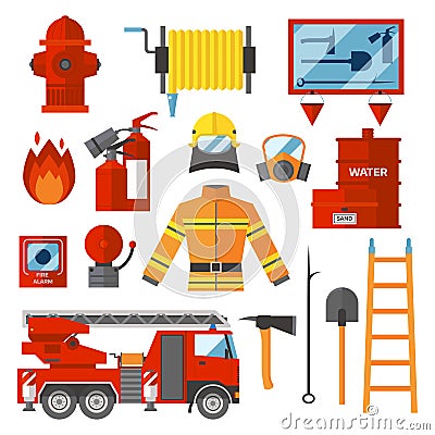 Vector Set Firefighter Fire safety Flat Icons and Symbols. Vector Illustration