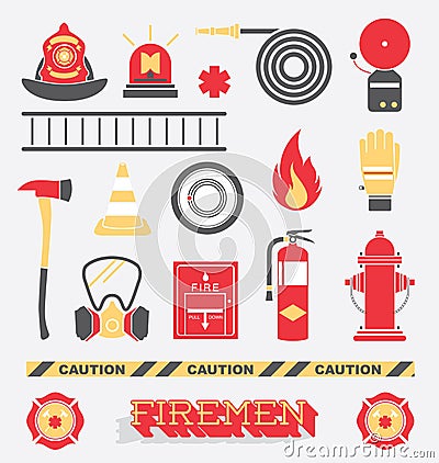 Vector Set: Firefighter Flat Icons and Symbols Vector Illustration