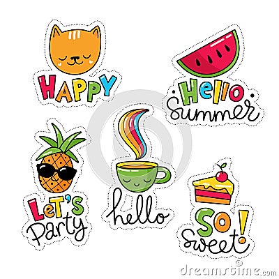 Vector set of five cool stickers, patches with food and summer symbols. Stock Photo