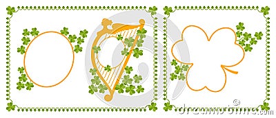 Vector set of five frames in different shapes with harp and shamrocks. Vector Illustration