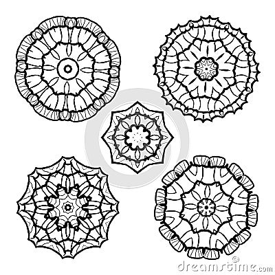 Vector set from five round black and white mandalas Vector Illustration