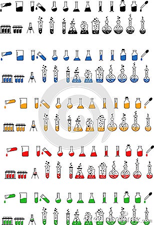 Vector set of flasks, beakers and different colour liquids Vector Illustration