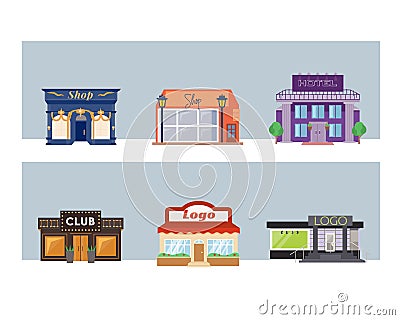 Vector set of flat buildings storefronts. Colorful and bright street with shops and lights in different style. Vector Illustration