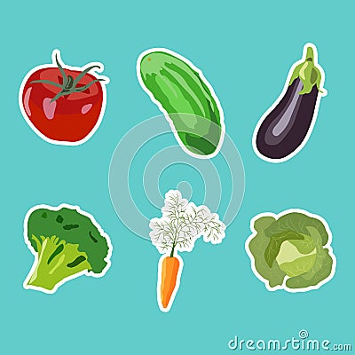 Vector set of flat cartoon vegetables stickers. Vector background. Flat icon. Vegetarian sticker. Healthy food sticker. Raw food Vector Illustration