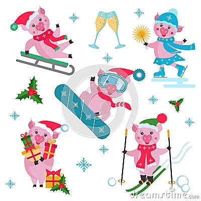 Vector set of flat Christmas pig in different situations. Vector Illustration