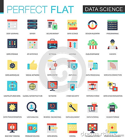 Vector set of flat data science, big data analytics, clous computing icons. Vector Illustration