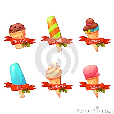 Vector set of flat ice creams icons with ribbons and text. Flavour collection Vector Illustration