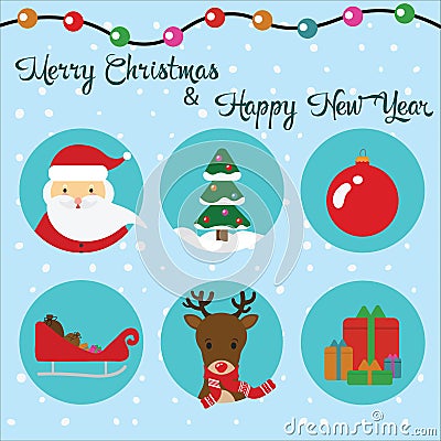 Vector set of flat icons. Christmas. Santa Claus, reindeer and tree Vector Illustration