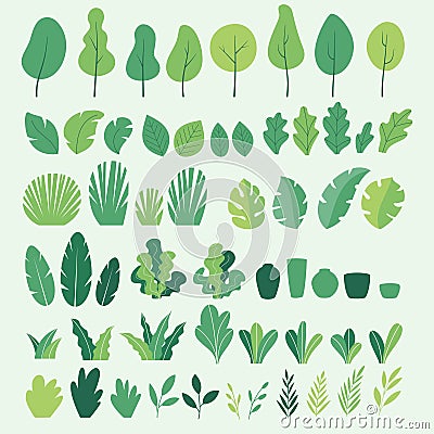 Vector set of flat illustrations of plants, trees, leaves, branches, bushes and pots Vector Illustration