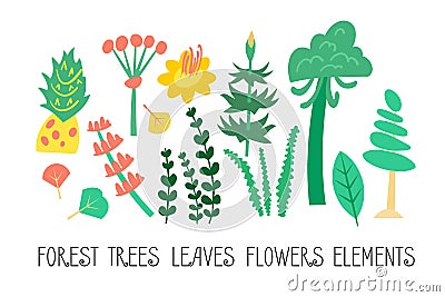 Vector set of flat illustrations. Plants, trees, leaves, flowers, elements of tropical, prehistory Dino forest. Flat Vector Illustration
