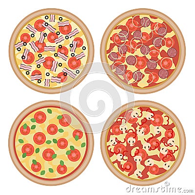 Vector set of flat italian pizzas with different ingredients iso Vector Illustration