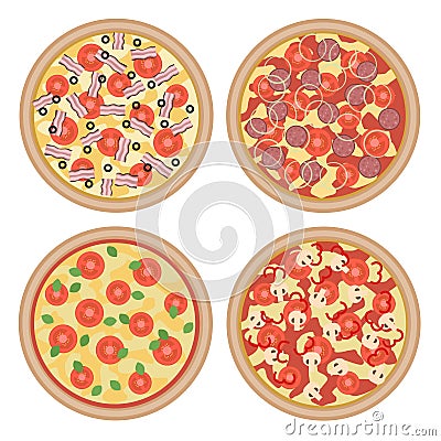 Vector set of flat italian pizzas with different ingredients isolated on white background Vector Illustration