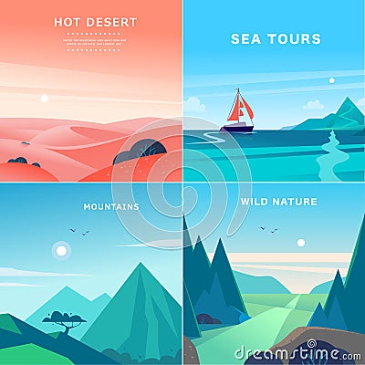 Vector set of flat summer landscape illustrations with desert, ocean, mountains, sun, forest on blue clouded sky. Vector Illustration