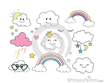 Vector set of flat weather icons icons rainbow stars thunder moon sun rain clouds eyelashes stars Cartoon Illustration