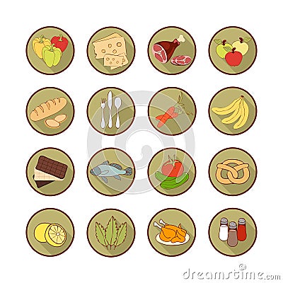 Vector set flat web icons with food. Drawn cartoon multicolored foodstuffs long shadow in round frame for internet, mobile apps, Vector Illustration