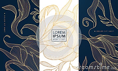 Vector set of floral gold design backgrounds, line luxury art deco leaves labels, frames, banners. Use for wine Vector Illustration