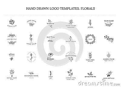 Vector set of floral hand drawn logo templates in elegant and minimal style. Vector Illustration