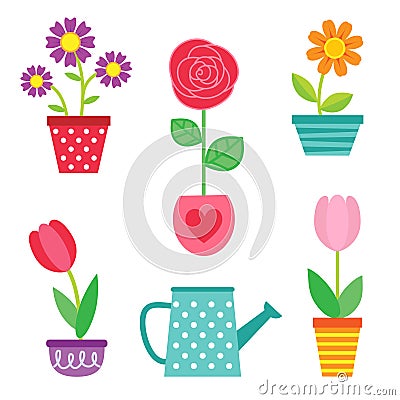 Vector set of flowers in pots and watering can Vector Illustration