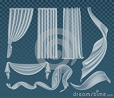 Vector set of fluttering translucent white cloths, soft lightweight clear material and curtains isolated on background Vector Illustration