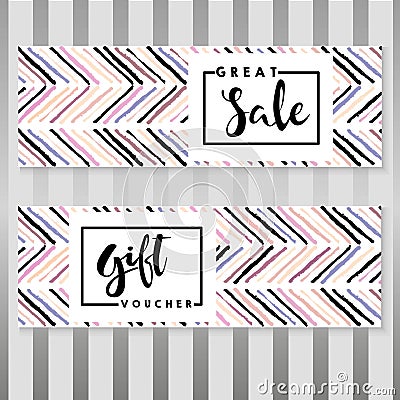 Vector set of flyer and gift voucher for great sale. Chevron modern brush spot in trendy pastel colors. Vector Illustration