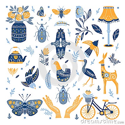 Set of Folk art cliparts in Scandinavian and Nordic style Vector Illustration