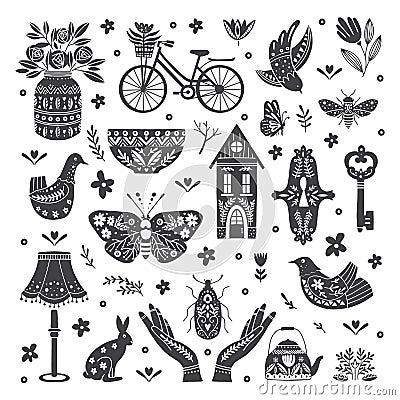 Set of Folk art cliparts in Scandinavian and Nordic style Vector Illustration