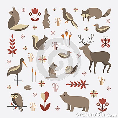 Mammals vector flat illustration, simple forest animals Vector Illustration
