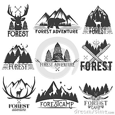 Vector set of forest theme emblems. Vintage badges, logos, labels and stickers with animal, trees silhouettes. Isolated Vector Illustration