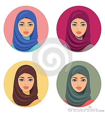 Vector - Set four Arab girls in different traditional headdresses. isolated Vector Illustration