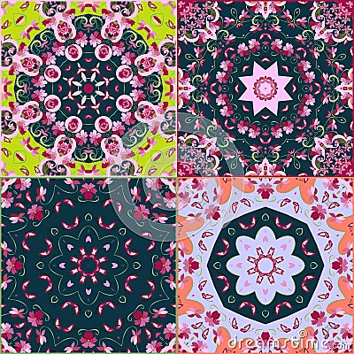 Vector set of four beautiful oriental pattern. Multicolor tiles. Vector Illustration