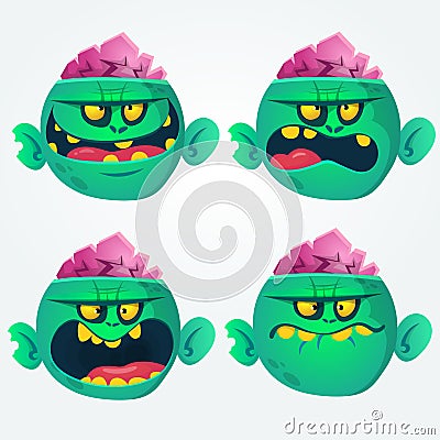 Vector set of four cartoon images of funny green zombies big heads with different actions Vector Illustration