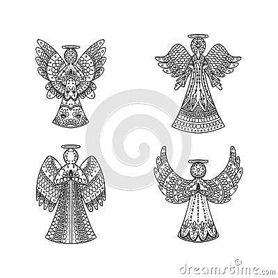 Vector set of four freehand patterned angels on white background. Religion coloring page book. Decorative elements for New year Vector Illustration