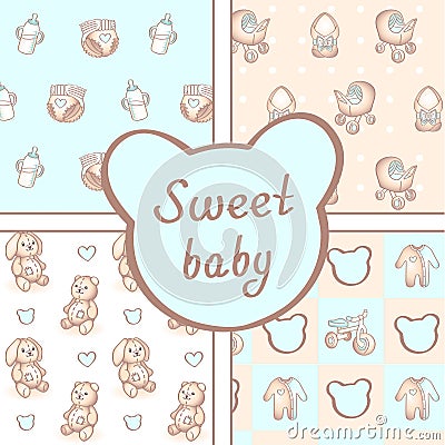 Vector set of four seamless baby boy patterns. Background for happy birthday or invitation card. Vector Illustration