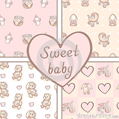 Vector set of four seamless baby girl patterns. Background for happy birthday or invitation card. Vector Illustration