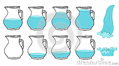 Vector set of frames full and poor jug, splash water and pourin Vector Illustration