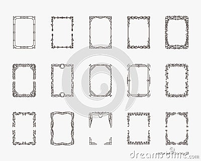 Vector set of frames, hand drawing, paper and ink. A4 frame template, isolated vintage frame set, art deco, modern, fantasy, Vector Illustration