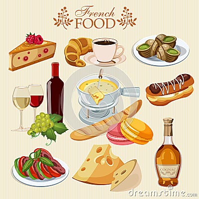 Vector set of French cuisine. National food of France. Icons for menu Stock Photo