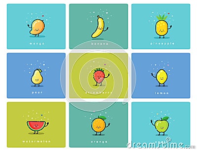 Vector set of fruit icons, cute cartoon food characters, baby meal illustration Vector Illustration