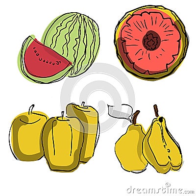 Vector set of fruit slices: watermelon,fruit, kiwi, pineapple, grapefruit, apple. Collection of summer food. Fresh fruits are Stock Photo