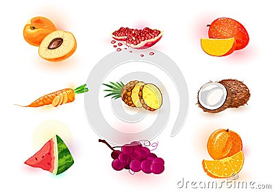 Vector set with fruits, berries, vegetable. Healthy and tasty ingredient for juices, cocktails, smoothies. Vector Illustration