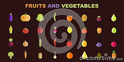 Fruit and vegetables vector set. Ready for healthy and natural products. Organic food for your designs. Vector Illustration