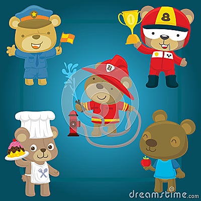 Vector set of funny bear cartoon with different profession costume Vector Illustration