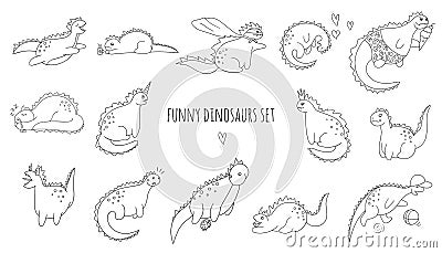 Vector set of funny black and white dinosaurs in different poses. Vector Illustration