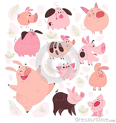 Vector set of funny flat different pig characters design isolated on white background. Vector Illustration