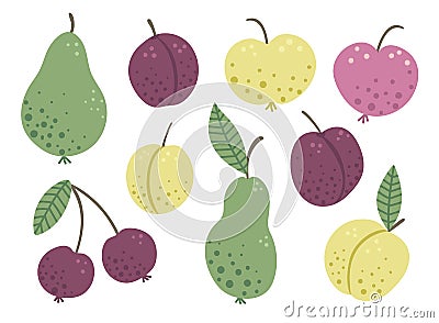 Vector set of funny hand drawn flat garden fruits and berries. Colored apple, pear, plum, peach, cherry isolated on white Vector Illustration