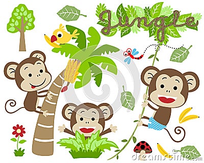 Monkeys cartoon with banana tree, bird, dragonfly, trees in jungle Vector Illustration