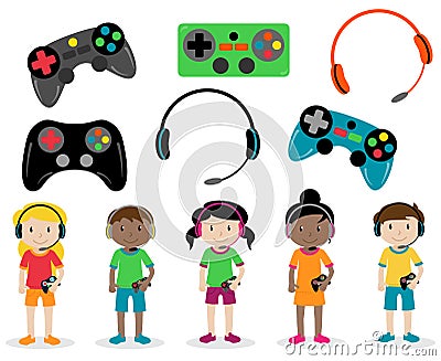 Vector Set of Gamer Themed Controllers and Headphones and Gamer Kids Vector Illustration