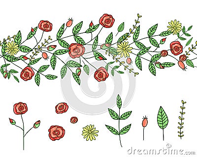 Vector set of garden plant design elements and pattern brush with stylized dandelion. Hand drawn cartoon style illustration. Cute Vector Illustration