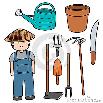 Vector set of gardener and gardening equipment Vector Illustration